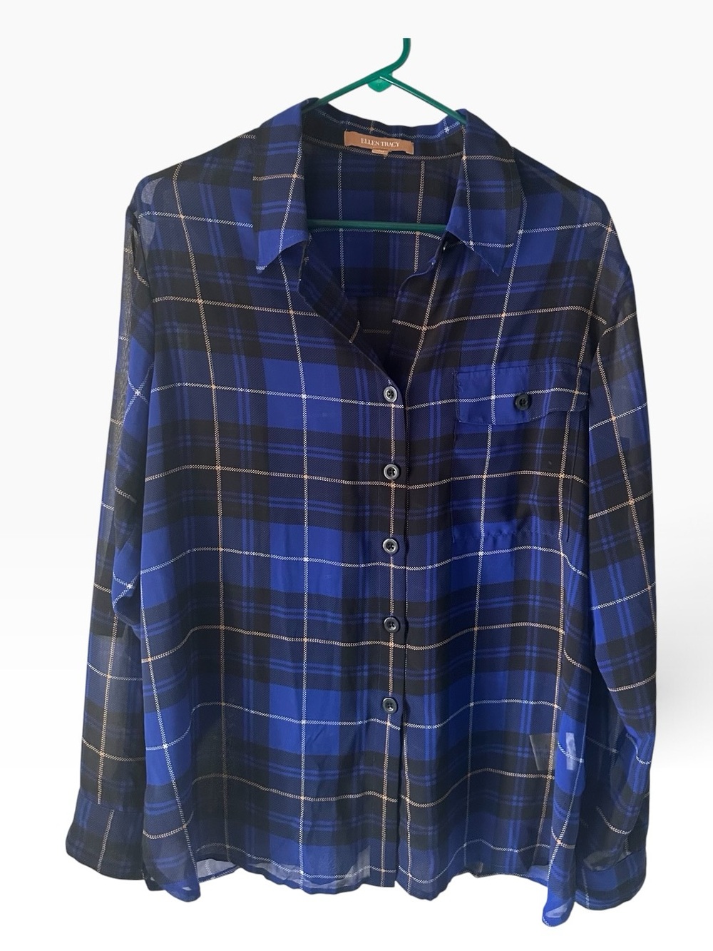 ELLEN TRACY Woman Blue & Black Plaid Button-Down Shirt